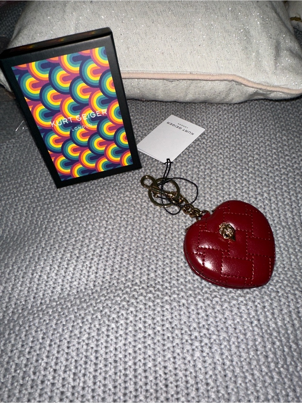 Kurt Geiger Red Quilted Heart Shape Compact Mirror/Keychain Bag Charm Red-Gold.